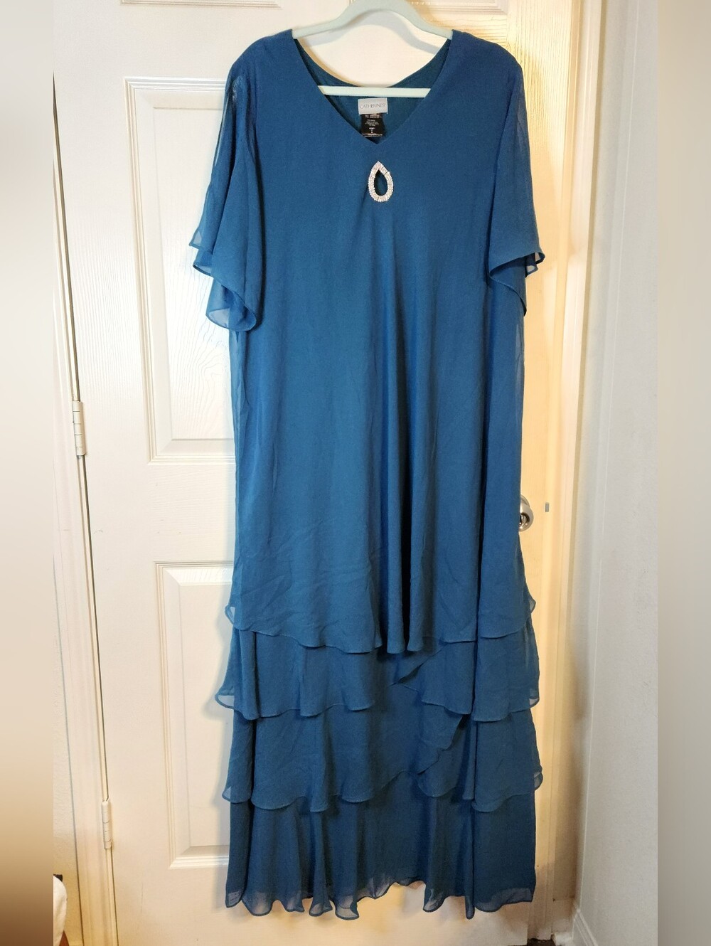 Catherines Teal Blue Layered Chiffon Maxi Dress with Rhinestone Teardrop